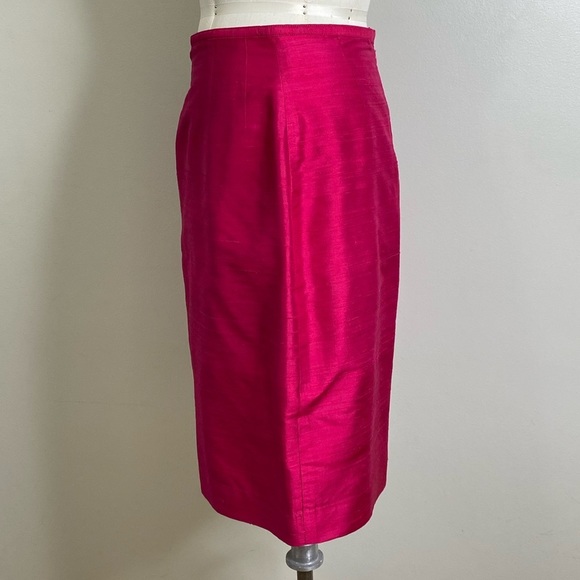 100% DUPIONI SILK BARBIE CORE CAREER SKIRT ZIP UP CLOSURE RICH DEEP PINK - Picture 9 of 12